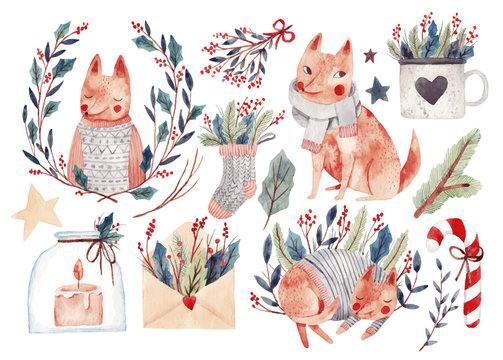 Big watercolor set with christmas elements, dogs, fox and plants. Hand drawn watercolor illustration.