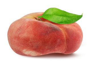 Fresh chinese flat donut peach with leaf isolated on white with clipping path