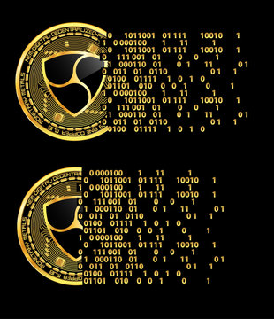 Set of crypto currency golden coins with black lackered nem symbol on obverse isolated on black background. Vector illustration. Use for logos, print products, page and web decor or other design.