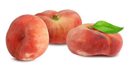 Three chinese flat donut peaches with leaf isolated on white with clipping path