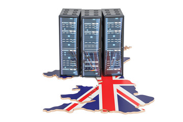 Data Center server racks in United Kingdom concept, 3D rendering