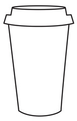 Black and white line drawing of a coffee cup. 