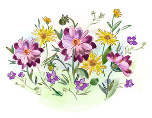 Watercolor flowers violets and pansy and leaves on meadow