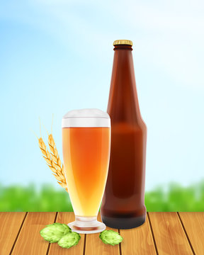 Beer glass with hop plant, wheat and bottle