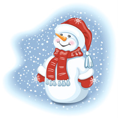 Christmas card with funny Snowman in Santa cap against snowfall background