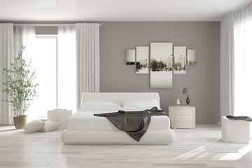 Idea of white minimalist bedroom. Scandinavian interior design. 3D illustration