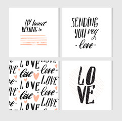 Hand made vector abstract Valentines day printable simple greeting cards collection set with modern calligraphy quote isolated on white background