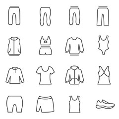 Different types of woman’s sport clothes / Clothes for sport and home as line icons