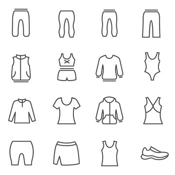 Different types of woman’s sport clothes / Clothes for sport and home as line icons