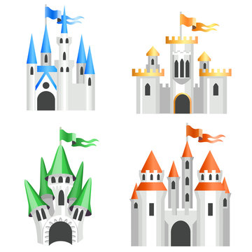 Four types of cartoon castles / There are four cartoon castles in different types. Each castle with its own color of roofs
