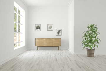 Inspiration of white empty room with shelf. Scandinavian interior design. 3D illustration