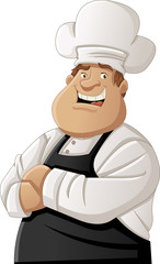 Fat cartoon chef wearing apron and hat.
