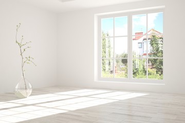 White empty room with summer landscape in window. Scandinavian interior design. 3D illustration