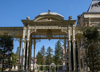 Fototapeta premium Entrance gate to the palace Hermesvilla (built in 1882 - 1886) in the Lainzer Tiergarten, in Vienna, Austria.