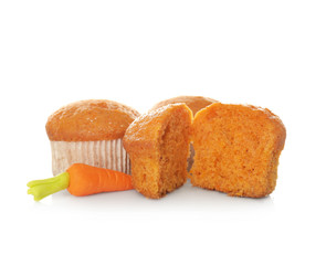 Delicious carrot muffins on white background