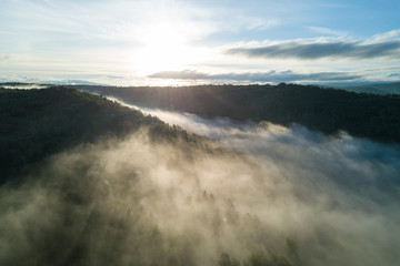 Sunset in the Ural mountains in Karatash ridge. Flying by drone