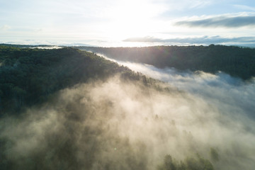 Sunset in the Ural mountains in Karatash ridge. Flying by drone