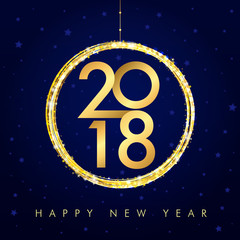 2018 golden happy new year card. 2018 vector gold numbers with xmas ball and text Happy New Year on navy blue background for seasonal greetings card or Christmas invitations