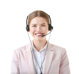 Young woman with headset on white background