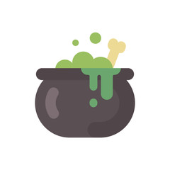 Witches cauldron with green potion and bone flat icon. Halloween flat illustration