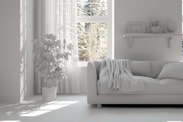 Idea of white minimalist room with sofa. Scandinavian interior design. 3D illustration