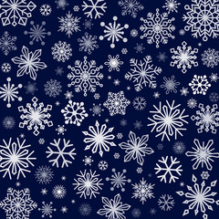 Fototapeta na wymiar Snowflakes background in different shapes and sizes. Vector illustrations