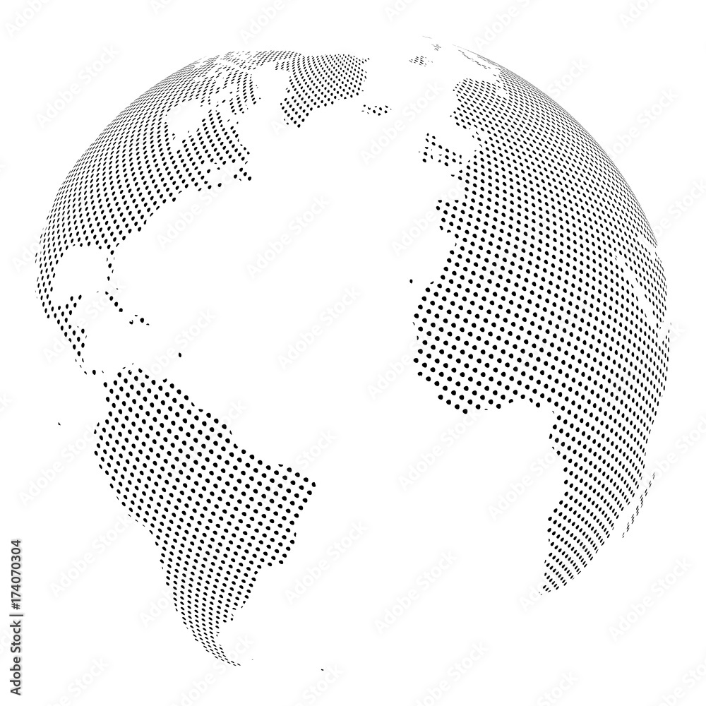 Poster abstract globe with dotted map. black and white halftone effect vector illustration.