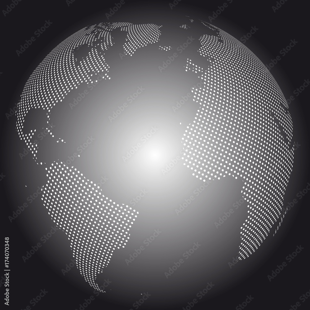 Poster abstract globe with dotted map. black and white halftone effect vector illustration.