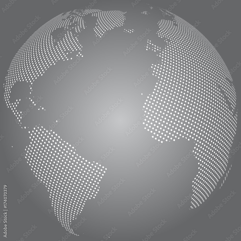 Poster abstract globe with dotted map. black and white halftone effect vector illustration.