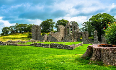 Obraz premium Landscape of Inch Abbey in Northern Ireland. Monastery ruins in Downpatrick. Co. Down. Travel by car in summer.