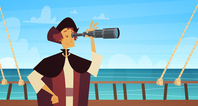 Man On Ship With Spyglass Happy Columbus Day National Usa Holiday Concept Flat Vector Illustration