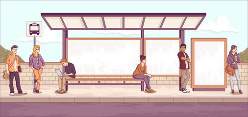 Passengers at bus stop. Cartoon people waiting for bus.   © denis_pc