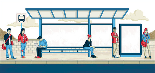 Passengers at bus stop. Cartoon people waiting for bus.   © denis_pc
