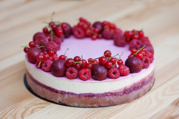 Sweet cake on a wooden table