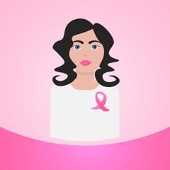 Woman With Pink Ribbon Breast Cancer Awareness Icon Concept Flat Vector Illustration