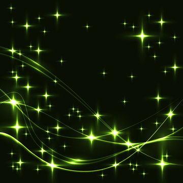 Dark background with green stars and waves.