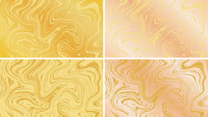 Vector Marble Texture in Gold and Rose Gold. Set of 4 Ink Marbling Paper Elegant Luxury Backgrounds. Liquid Metallic Paint Swirled Patterns. Japanese Suminagashi or Turkish Ebru Technique. HD format.