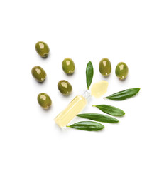 Composition with olive oil on white background