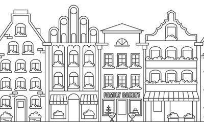 Fototapeta premium City landscape border seamless pattern with apartment houses. Line art vector illustration.