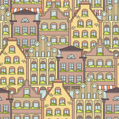 City landscape seamless pattern with apartment houses. Line art vector illustration.