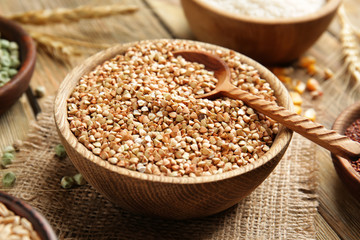 Buckwheat in bowl on kitchen table