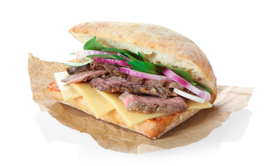 Steak sandwich on white background