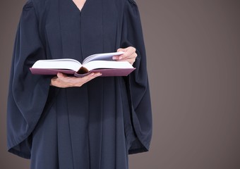 Female judge mid section with open book against brown background