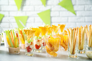 Tasty food for baby shower party on table