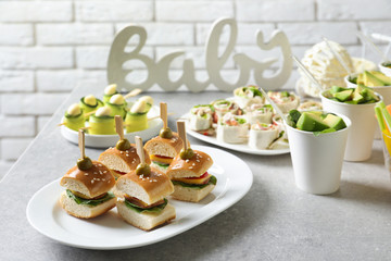 Tasty food for baby shower party on table