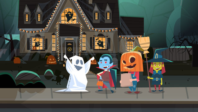 Kids Wearing Monsters Costumes Walking In Town Tricks Or Treat Happy Halloween Banner Holiday Concept Vector Illustration