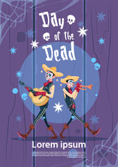 Day Of Dead Traditional Mexican Halloween Holiday Party Decoration Banner Invitation Skeleton Play Guitar Flat Vector Illustration