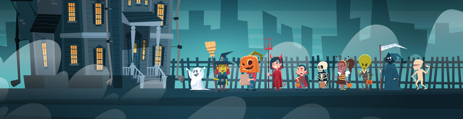 Happy Halloween Banner Holiday Decoration Horror Party Greeting Card Cute Cartoon Monsters Walking To Dark Castle With Ghosts Flat Vector Illustration