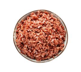 Bowl with red rice, isolated on white