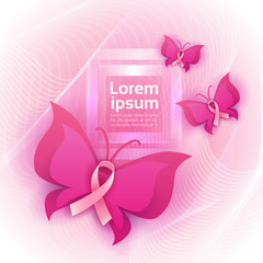Pink Ribbon Butterfly Breast Cancer Awareness Banner Flat Vector Illustration